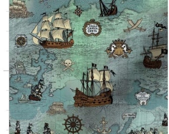 Pirate Ship Map Fabric By The Yard | Pirate Fabric | Ocean | Sea | Nautical | Pirate Maps | Vintage Ships | Custom Fabric