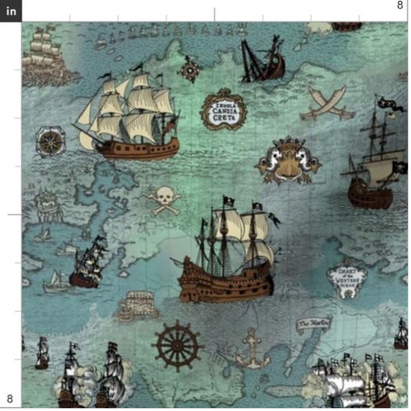 Pirate Ship Map Fabric By The Yard | Pirate Fabric | Ocean | Sea | Nautical | Pirate Maps | Vintage Ships | Custom Fabric