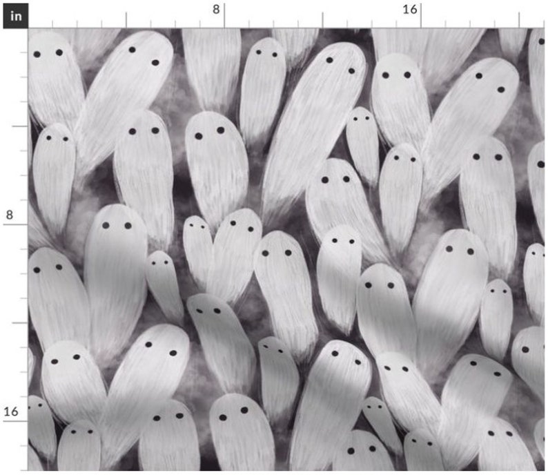 May include: A seamless pattern featuring a repeating design of white ghosts with black eyes on a dark gray background.
