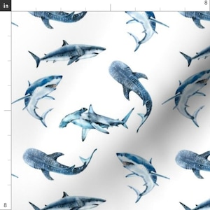 Nautical Shark Fabric By The Yard | Watercolor Shark Fabric | Shark Fabric | Ocean Fabric | Under The Sea | Hammerhead Sharks | Whale Sharks