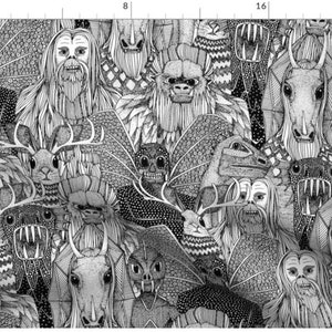 Cryptid Crowd Sketch Halloween Fabric By The Yard | Folklore | Yeti | Bigfoot | Chupacabra | Jackalope | Cryptozoology | Custom Fabric