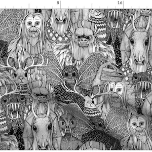 Cryptid Crowd Sketch Halloween Fabric By The Yard | Folklore | Yeti | Bigfoot | Chupacabra | Jackalope | Cryptozoology | Custom Fabric