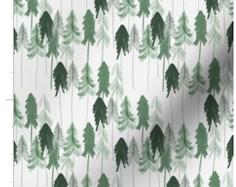 Tall Watercolor Pines | Pine Tree Fabric | Woodland Fabric | Forest Tree Fabric | Green Trees | Made To Order Fabric By The Yard | Organic