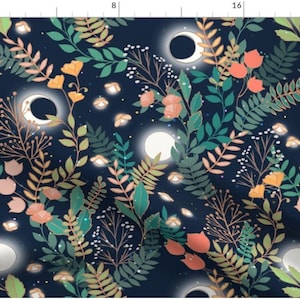 Fireflies Fabric | Fireflies and Flowers Fabric By The Yard | Nighttime Flora | Lightning Bugs | Made To Order Fabric By The Yard