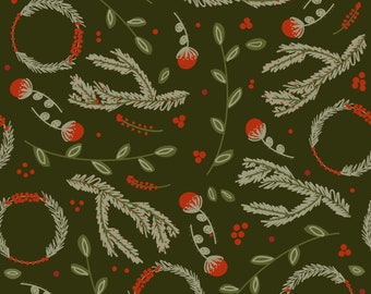 May include: A seamless pattern featuring wreaths, pine branches, and red berries on a dark green background. The design is perfect for festive crafts and projects.