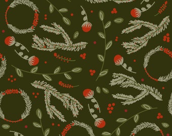 Holly Branches and Wreaths Christmas Fabric By The Yard | Christmas Greenery | Holiday Fabric | Christmas Quilting Fabric