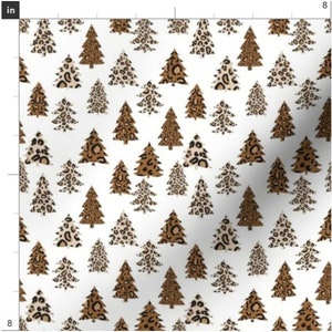 May include: A white background with a repeating pattern of brown and tan Christmas trees with a leopard print design.