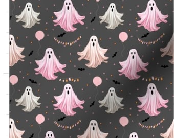 Tessuto di Halloween tagliato su misura / Fantasmi di festa rosa / Fantasmi carini / Tessuto fantasma / Fantasmi e pipistrelli neri
