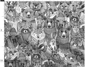 Canadian Animals In Black and White | Moose Fabric By The Yard | Woodland Fabric | Animal Fabric | Bear | Raccoon | Fox | Made To Order