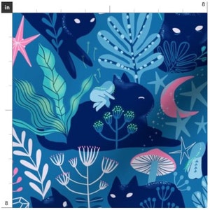 May include: A blue fabric with a repeating pattern of black cats, stars, moons, and stylized plants. The cats are sleeping and have a whimsical, dreamy feel.
