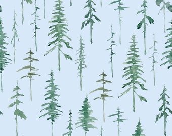 Aquarel dennen op blauwe stof op maat gesneden | Pijnboomstof | Bosstof | Bosboomstof | Groene Bomen | Op bestelling gemaakte stof