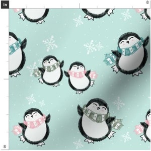 Snow Party On Mint Penguin Fabric By The Yard | Penguins and Snowflakes | Winter | Christmas | Holiday | Made To Order