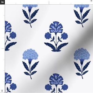 Blue Floral Block Print Fabric By The Yard | Blue Flowers | Floral Printed Sewing Fabric | Print To Order