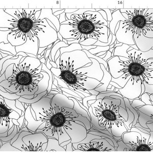 White Anemones Floral Fabric By The Yard | Floral Fabric | Monochromatic Flowers | Black and White Florals | Made To Order | Organic