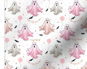 Tessuto di Halloween tagliato su misura / Fantasmi di festa rosa / Fantasmi carini / Tessuto fantasma / Fantasmi e pipistrelli neri