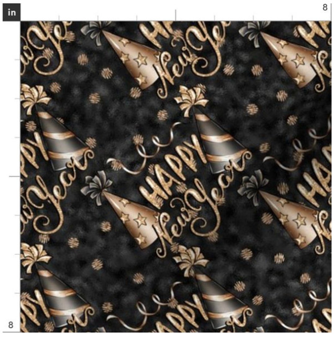 Gold and Black Happy New Year Fabric by the Yard New Years Eve January