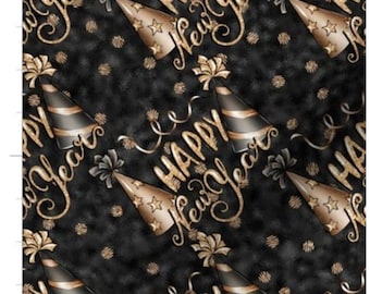 Black and Tan Happy New Year Fabric By The Yard | New Years Eve | January Fabric | Winter | Happy New Year | Made To Order Fabric