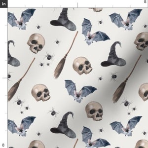 Watercolor Halloween Fabric By The Yard | Witchy Halloween Skull Fabric | Witch Broom | Spiders | Black Bats