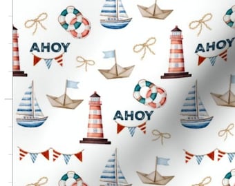 Nautical Fabric By The Yard | Nautical Nursery | Ocean Seaside | Lighthouse | Paper Boats | Ahoy | Sailing Flags | Print To Order