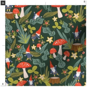 May include: A green fabric with a repeating pattern of gnomes, mushrooms and leaves. The gnomes are wearing red hats and blue clothes. The mushrooms are red with white spots. The leaves are green and yellow.