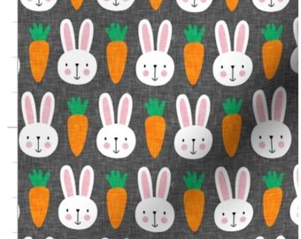 Bunnies And Carrots On Grey Fabric By The Yard | Easter Bunnies | Rabbits | Easter Fabric | Spring | Made To Order