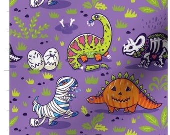Jurassic Halloween Cotton Fabric: Dinosaur Mummy Skeleton Print