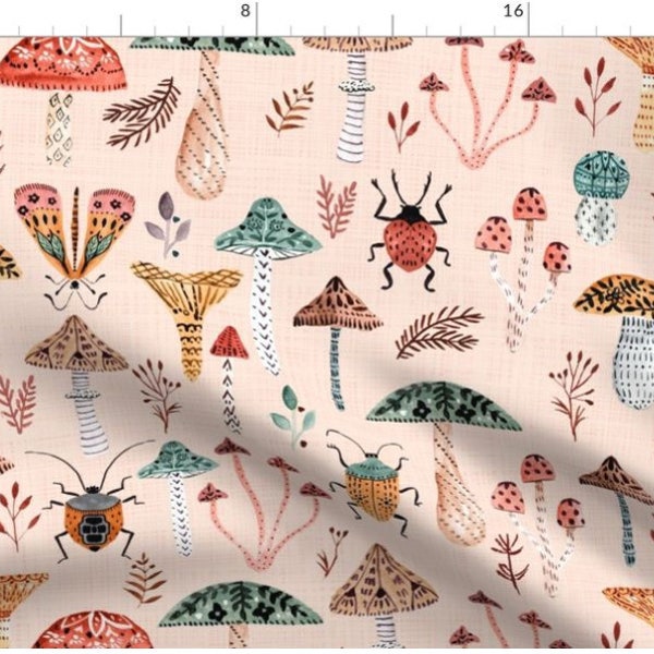 Pilzen roze kever stof | Pink Beetle Bug Fabric op maat gesneden | Paddestoelstof | Kevers en paddenstoelen | Op bestelling gemaakt Stof op maat gesneden