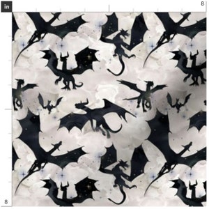 Small Black Dragons Fabric By The Yard | Flying Dragons | Dragons | Fantasy Fabric | Made To Order Fabric By The Yard