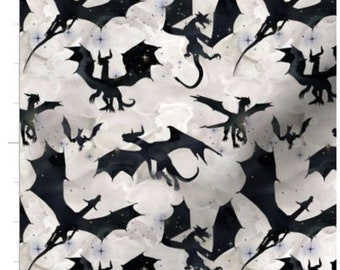 Small Black Dragons Fabric By The Yard | Flying Dragons | Dragons | Fantasy Fabric | Made To Order Fabric By The Yard