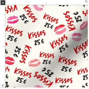 25 Cent Kisses Valentine Fabric By The Yard | Valentine&#39;s Day | Pink And Red Kisses | V-Day Fabric | Made To Order Fabric