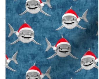 Santa Sharks on Blue | Christmas Shark Fabric | Shark Fabric | Christmas | Holiday Sharks | Made To Order Fabric By The Yard