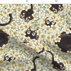 Spring Cats Fabric By The Yard | Cat Fabric | Black Cat Fabric | Cats and Flowers | Made To Order Fabric By The Yard