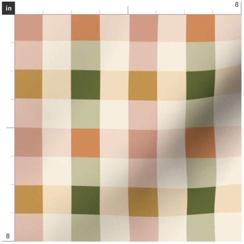 May include: A seamless pattern featuring a checkered design with alternating squares of cream, light pink, light green, orange, gold, and dark green.