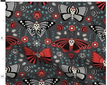 Butterflies And Skulls Halloween Fabric By The Yard | Gothic | Dark Roses | Moths | October | Custom Fabric