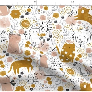 Kitty Garden Fabric By The Yard | Cat Fabric | Kitten Lover | Watercolor Cat Fabric | Made To Order Fabric By The Yard