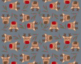 Reindeer And Holly Fabric By The Yard | Reindeer | Holly | Cute Reindeer Fabric | Christmas | Animal Fabric | Rudolph | Made To Order Fabric