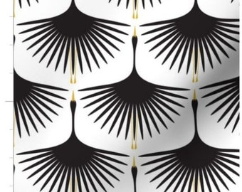 Tecido Art Déco Swans por metro | Preto no branco | Cisne negro | Animal | Guindaste | Tecido de pássaro | Tecido feito sob encomenda por metro