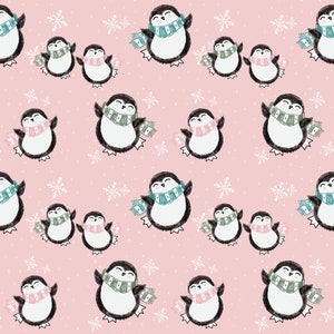 Snow Party On Blush Penguin Fabric By The Yard | Penguins and Snowflakes | Winter | Christmas | Holiday | Made To Order