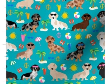 Summer Beach Day Dachshund Fabric By The Yard | Doxie Fabric | Beach Dog | Dog Head Print | Made To Order Fabric By The Yard