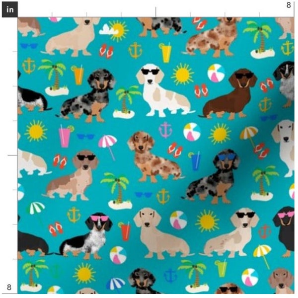 Summer Beach Day Dachshund Fabric By The Yard | Doxie Fabric | Beach Dog | Dog Head Print | Made To Order Fabric By The Yard