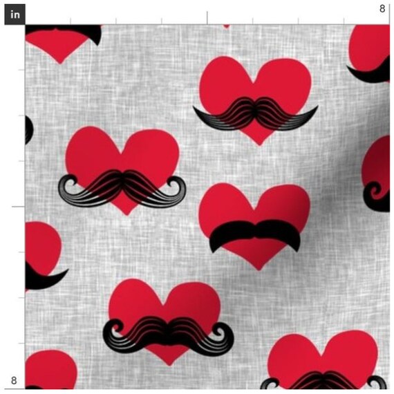 Mustache Hearts Valentine Fabric By The Yard | Valentine's Day | Red Hearts  | V-Day Fabric | Made To Order Fabric