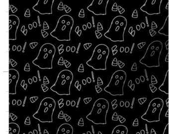 White Ghost Sketches on Black Halloween Fabric By The Yard | Ghosts and Candy | Spooky Ghost Fabric | Custom Fabric | Halloween Ghost Fabric
