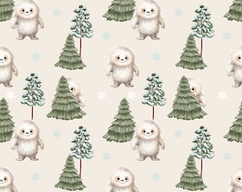 Playful Yeti Fabric By The Yard | Holiday Fabric | Christmas Trees | Christmas Quilt Fabric | Abominable Snowman | Sasquatch | Cryptid