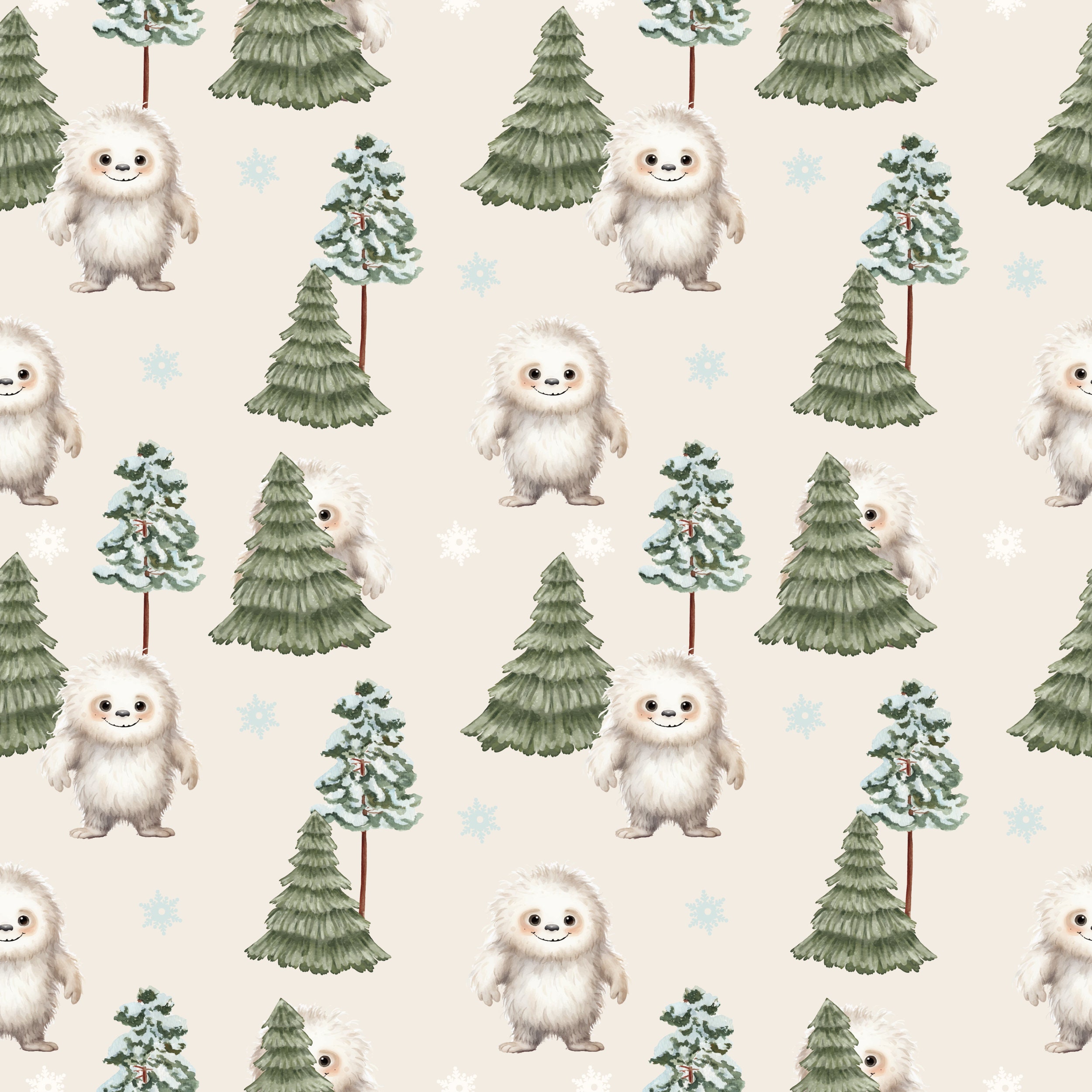 Playful Yeti Fabric By The Yard | Holiday Fabric | Christmas Trees | Christmas Quilt Fabric | Abominable Snowman | Sasquatch | Cryptid