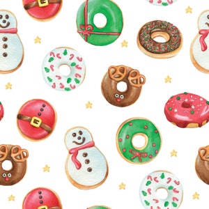 Christmas Donuts | Christmas Fabric By The Yard | Holiday Treats Fabric | Santa | Reindeer | Snowman | Print To Order