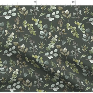 May include: A seamless pattern featuring watercolor illustrations of eucalyptus leaves and branches in shades of green, gray, and brown on a dark green background.