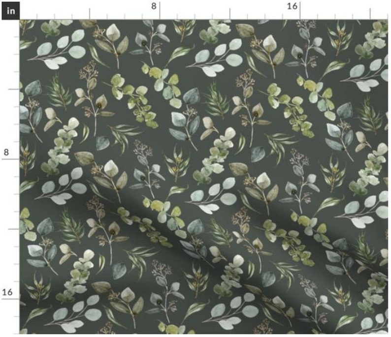 May include: A seamless pattern featuring watercolor illustrations of eucalyptus leaves and branches in shades of green, gray, and brown on a dark green background.
