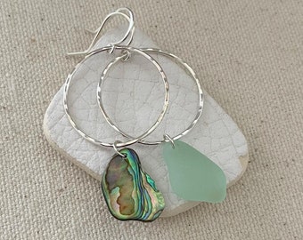 Sterling Silver Seaglass Abalone Shell Mismatched Hoop Earrings, Ocean Jewelry Women, Summer Jewelry, Boho Beach Earrings, Beachy Gift