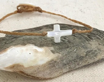 Braided Mother of Pearl Cross Bracelet, Waxed Cord Christian Bracelet, Easter Basket Stuffer for Teens, Beachy Jewelry, Natural Bracelet