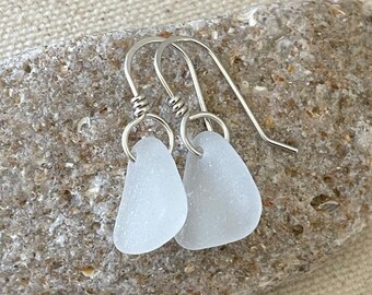 White Sea Glass Earrings, Beachy Jewelry, Ocean Jewelry for Women, Summer Jewelry, Gift for Beach Lover, Handmade Earthy Earrings, Silver